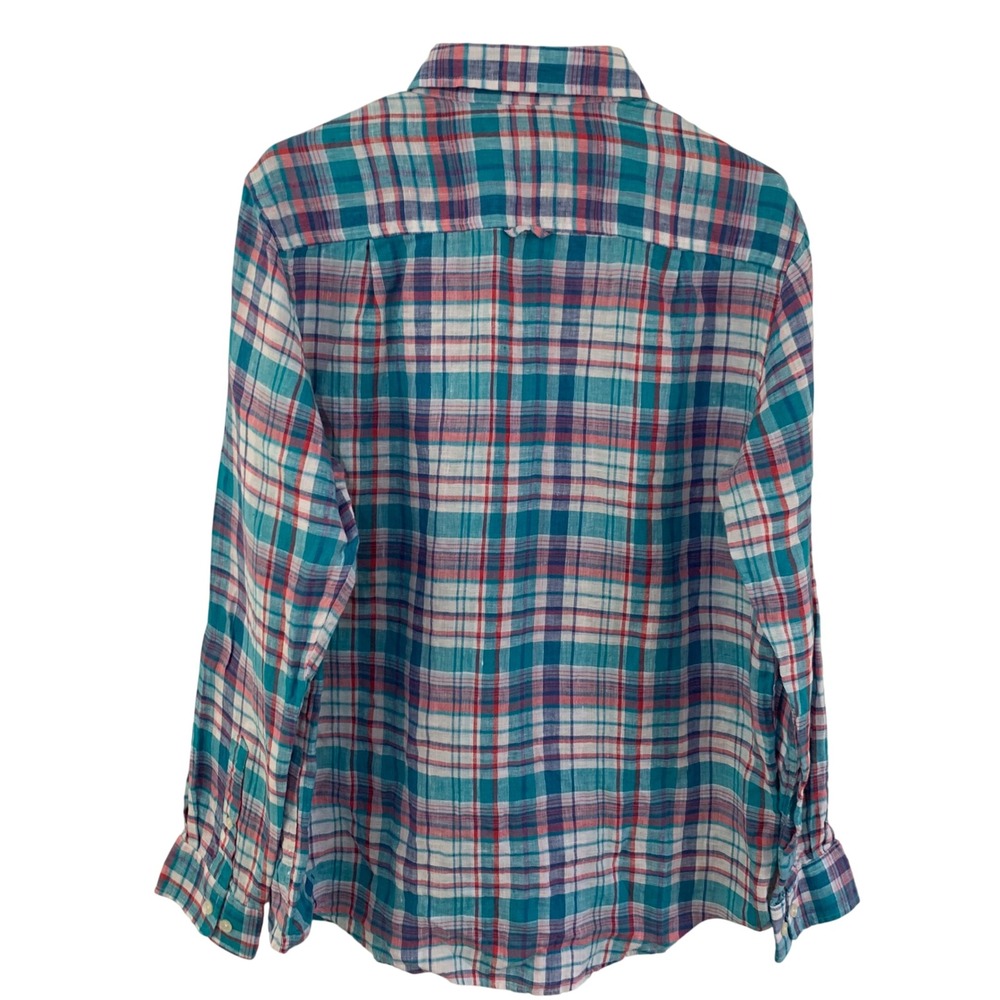 Club Room Luxury‎ Mens Medium 100% Linen Plaid Button Down Shirt Teal Pink - Picture 2 of 7